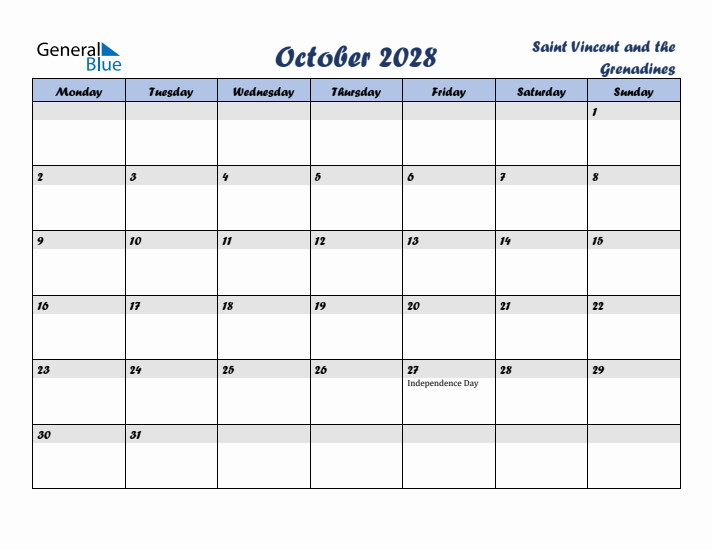 October 2028 Calendar with Holidays in Saint Vincent and the Grenadines