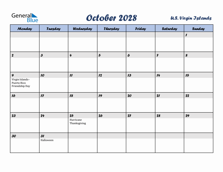 October 2028 Calendar with Holidays in U.S. Virgin Islands