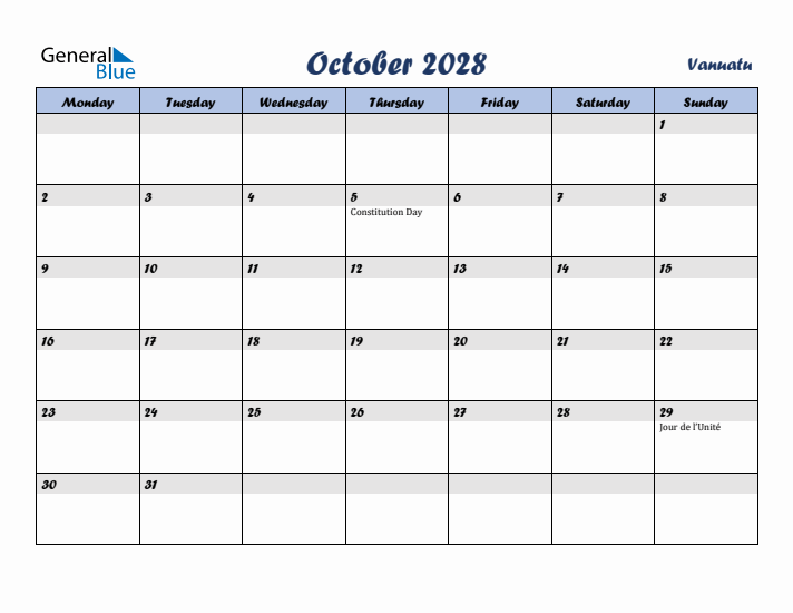 October 2028 Calendar with Holidays in Vanuatu