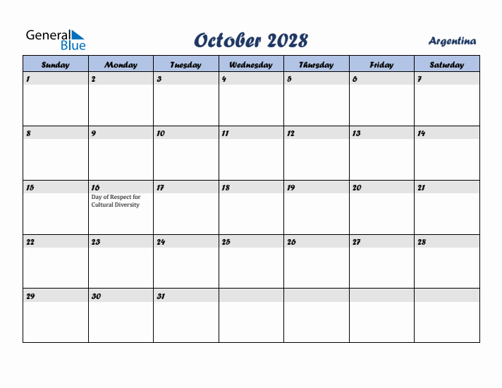 October 2028 Calendar with Holidays in Argentina
