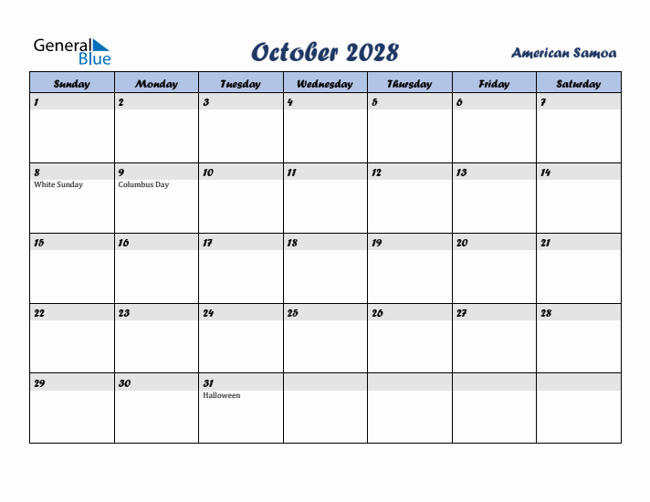 October 2028 Calendar with Holidays in American Samoa