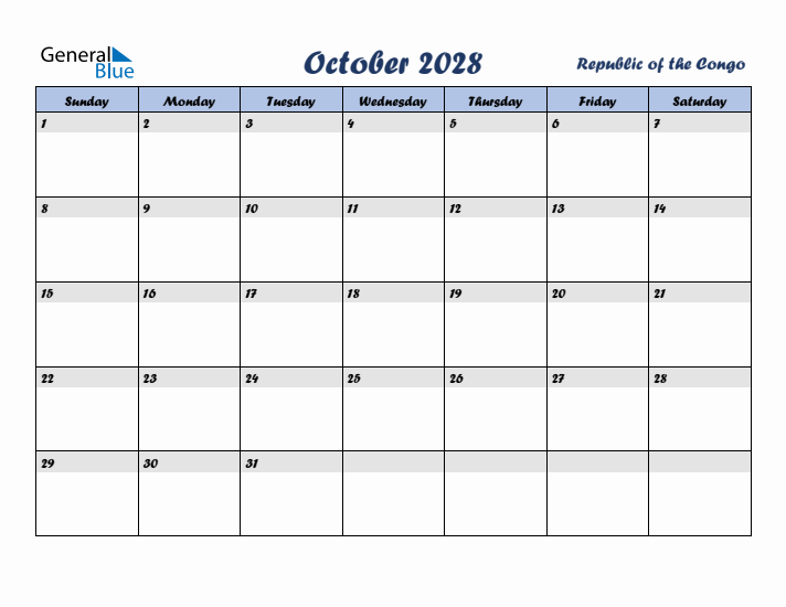 October 2028 Calendar with Holidays in Republic of the Congo