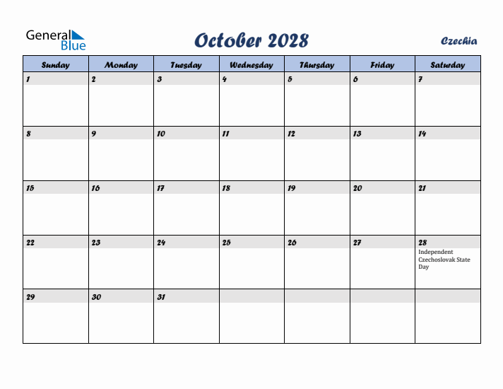October 2028 Calendar with Holidays in Czechia