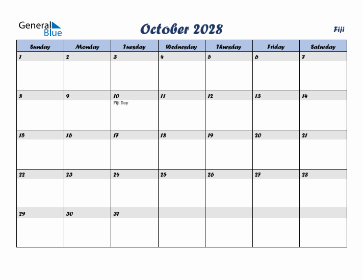 October 2028 Calendar with Holidays in Fiji