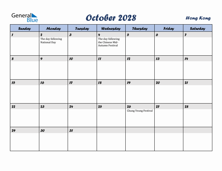 October 2028 Calendar with Holidays in Hong Kong