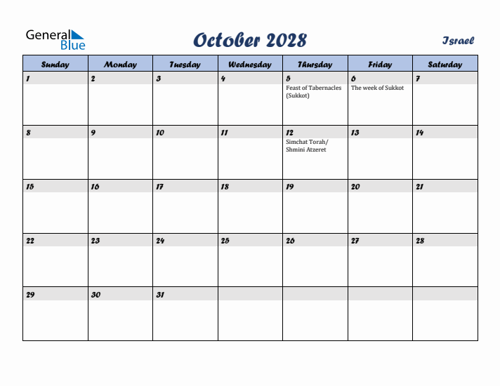 October 2028 Calendar with Holidays in Israel