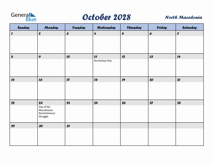 October 2028 Calendar with Holidays in North Macedonia