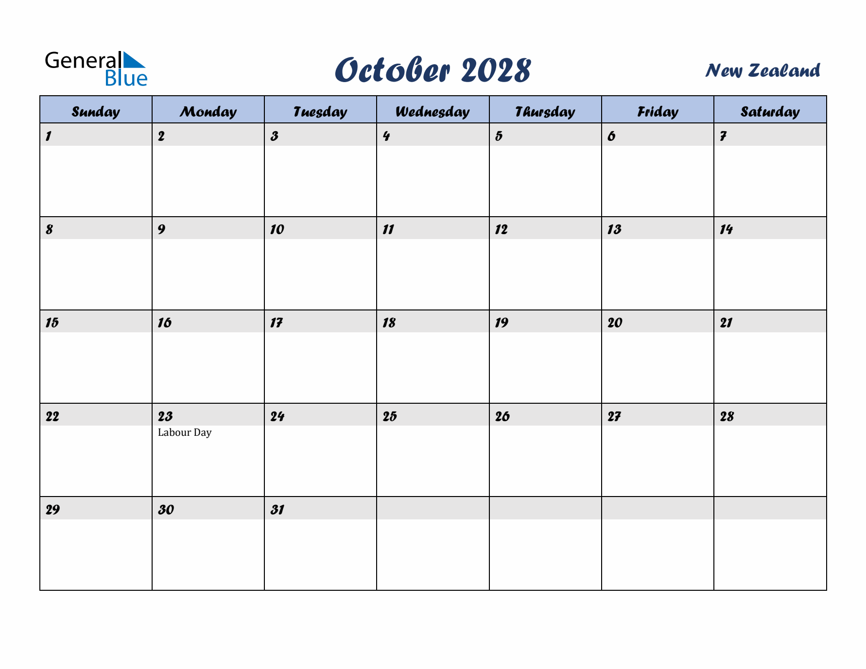 October 2028 Calendar with Holidays in New Zealand