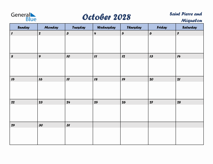 October 2028 Calendar with Holidays in Saint Pierre and Miquelon