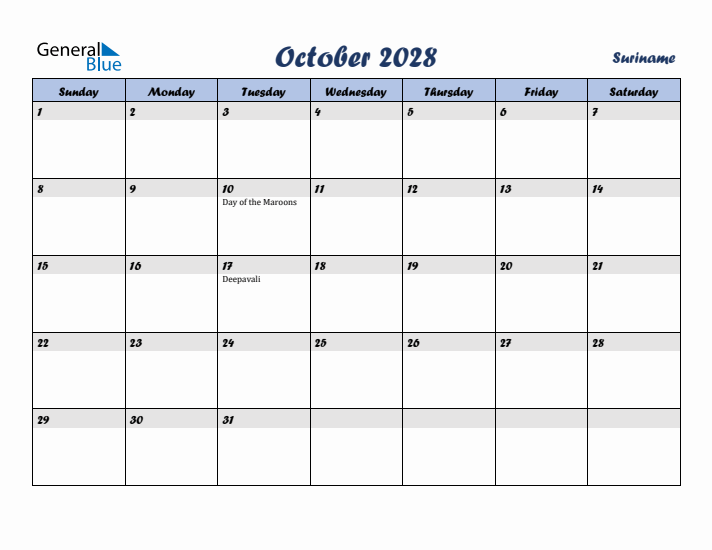 October 2028 Calendar with Holidays in Suriname