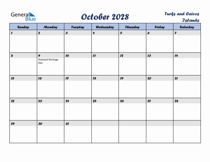October 2028 Calendar with Holidays in Turks and Caicos Islands