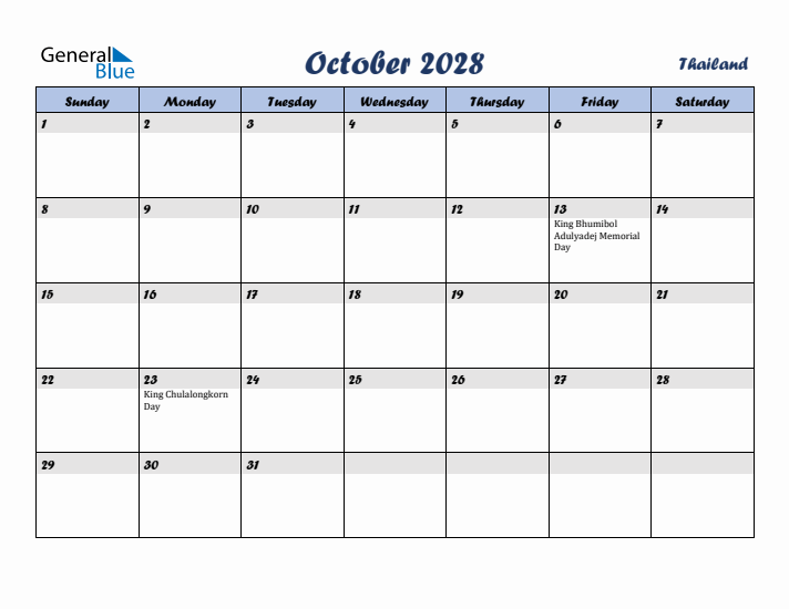October 2028 Calendar with Holidays in Thailand