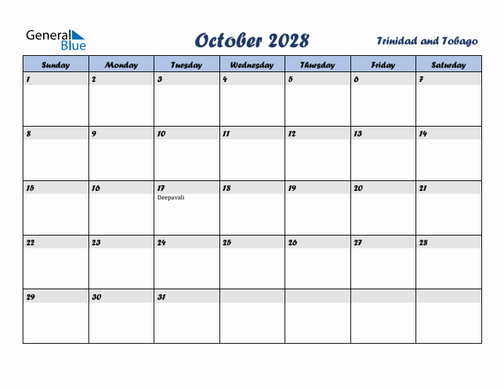 October 2028 Calendar with Holidays in Trinidad and Tobago