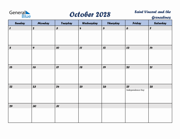 October 2028 Calendar with Holidays in Saint Vincent and the Grenadines