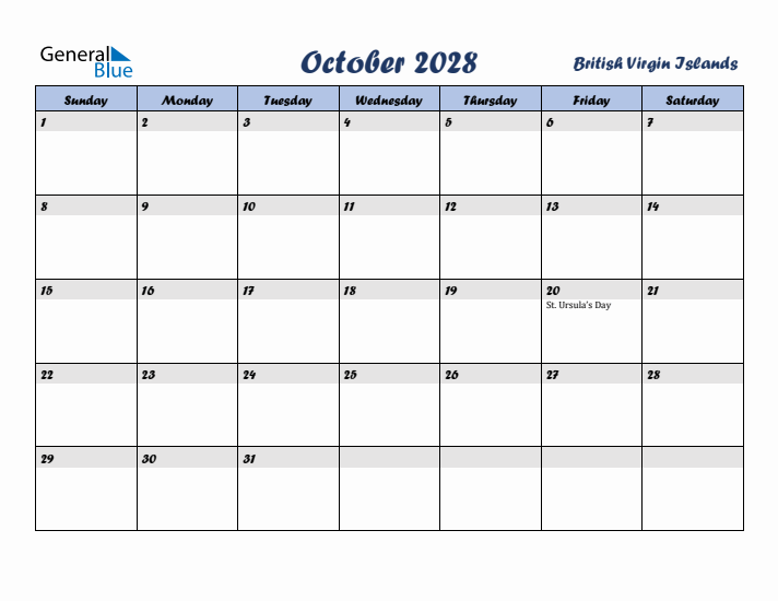 October 2028 Calendar with Holidays in British Virgin Islands