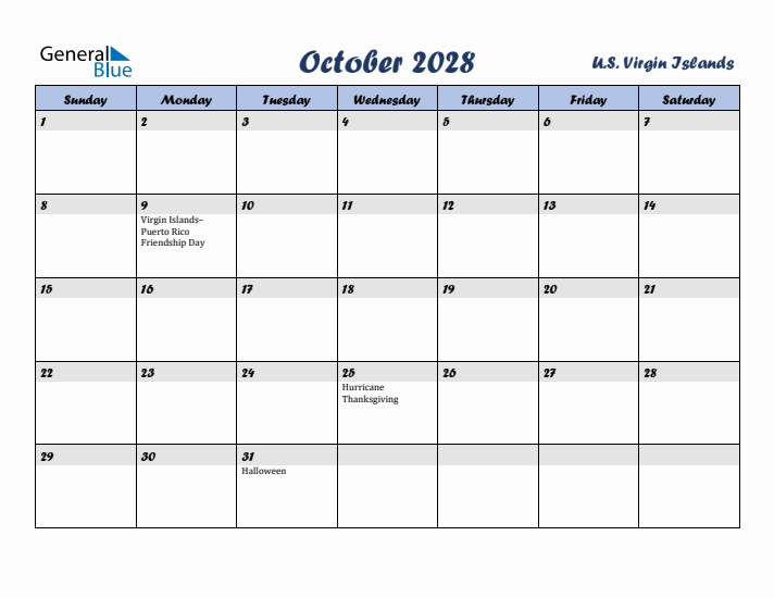 October 2028 Calendar with Holidays in U.S. Virgin Islands