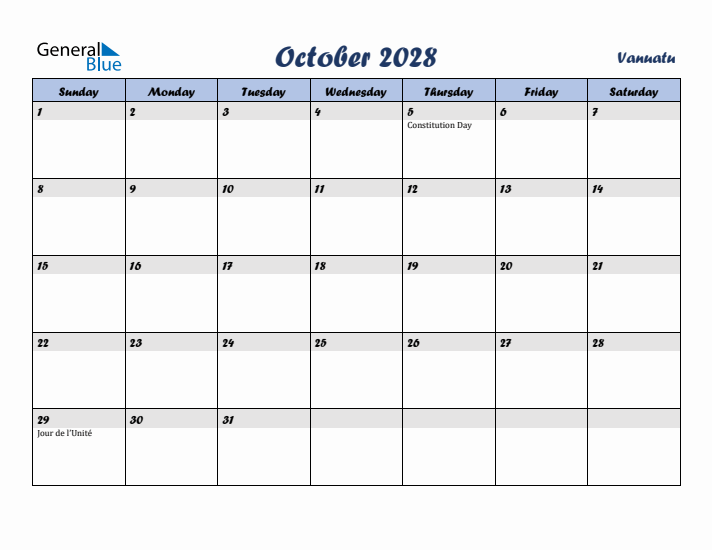 October 2028 Calendar with Holidays in Vanuatu
