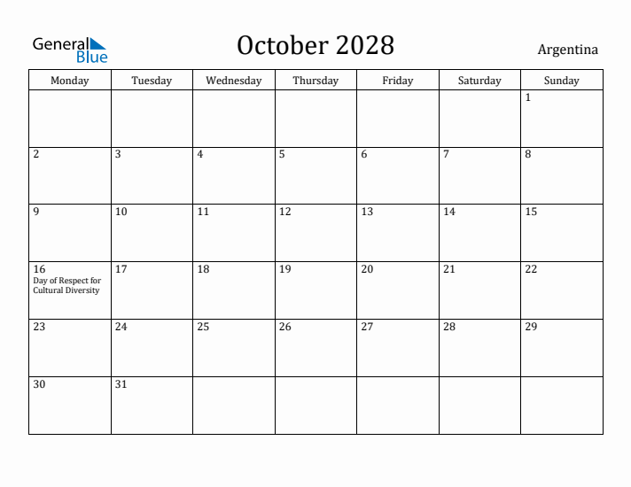 October 2028 Calendar Argentina