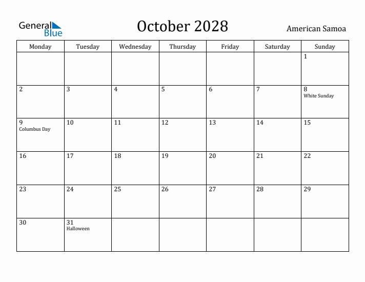 October 2028 Calendar American Samoa
