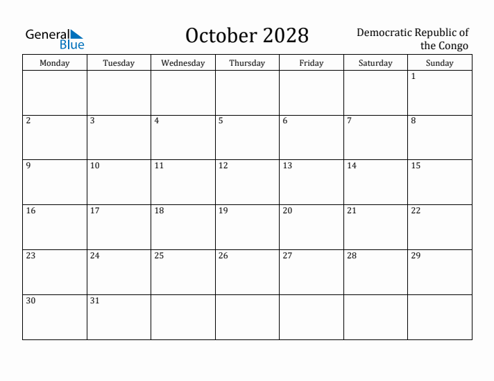 October 2028 Calendar Democratic Republic of the Congo