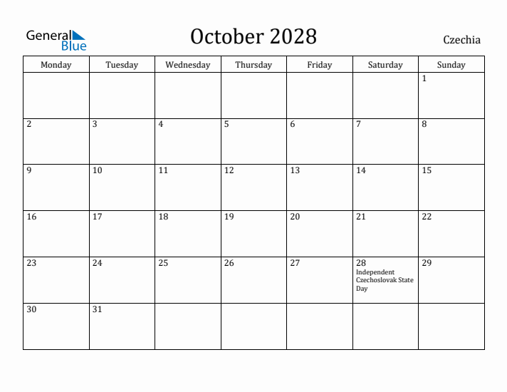 October 2028 Calendar Czechia