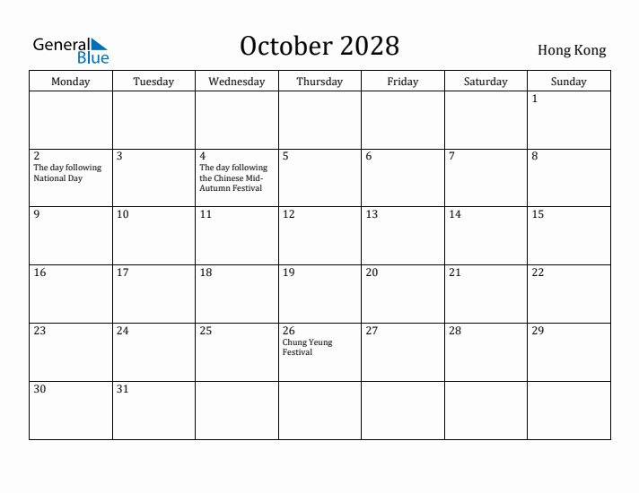 October 2028 Calendar Hong Kong