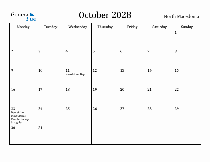 October 2028 Calendar North Macedonia