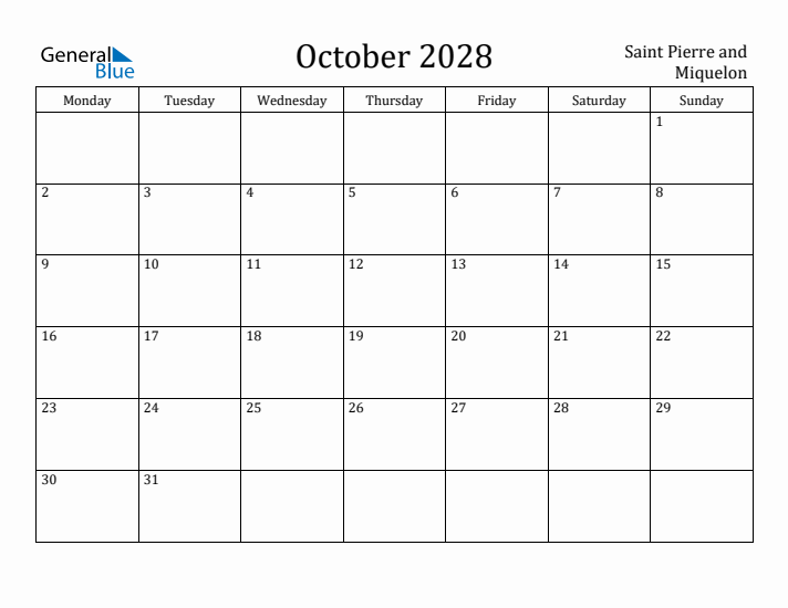 October 2028 Calendar Saint Pierre and Miquelon