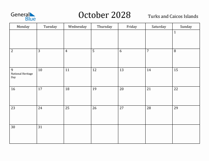 October 2028 Calendar Turks and Caicos Islands