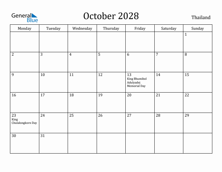 October 2028 Calendar Thailand