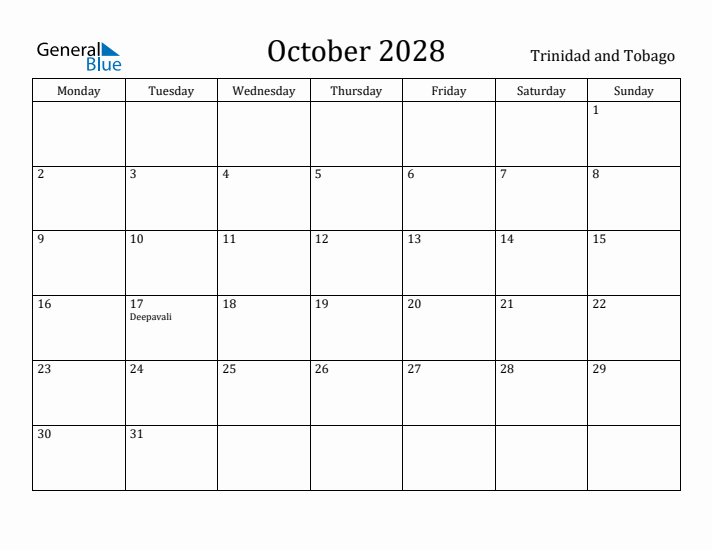 October 2028 Calendar Trinidad and Tobago