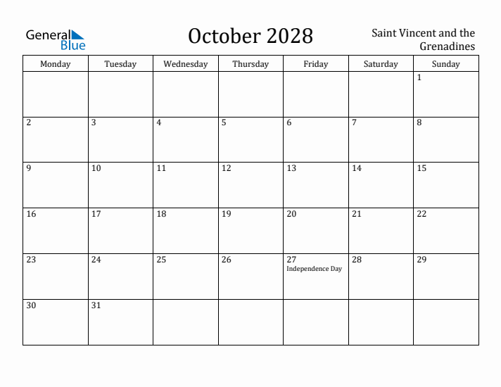 October 2028 Calendar Saint Vincent and the Grenadines