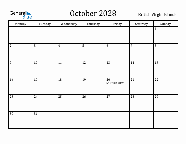 October 2028 Calendar British Virgin Islands