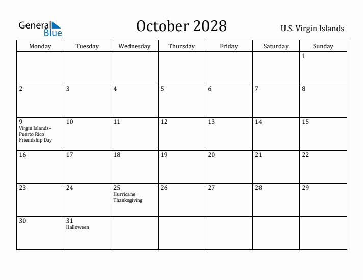 October 2028 Calendar U.S. Virgin Islands