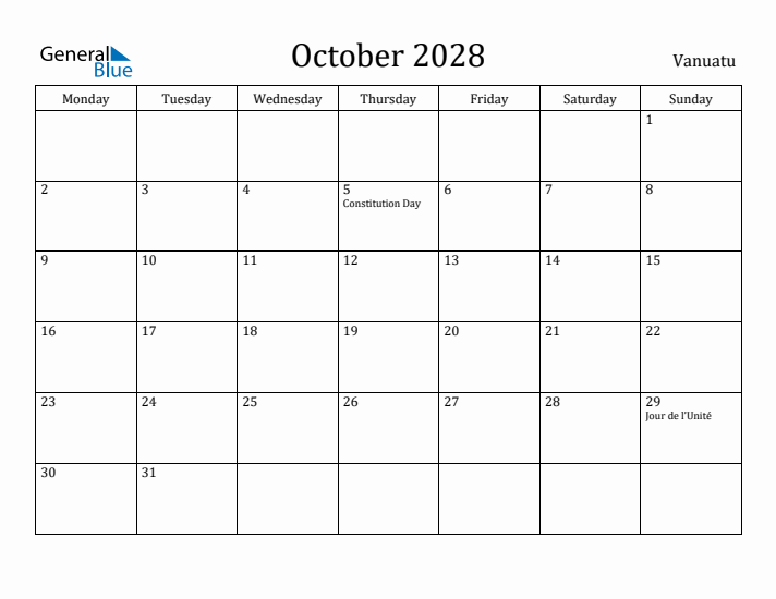 October 2028 Calendar Vanuatu