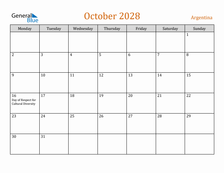 October 2028 Holiday Calendar with Monday Start