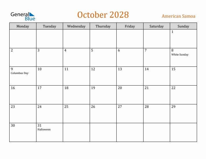 October 2028 Holiday Calendar with Monday Start