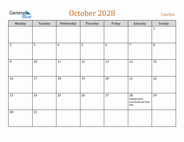 October 2028 Holiday Calendar with Monday Start