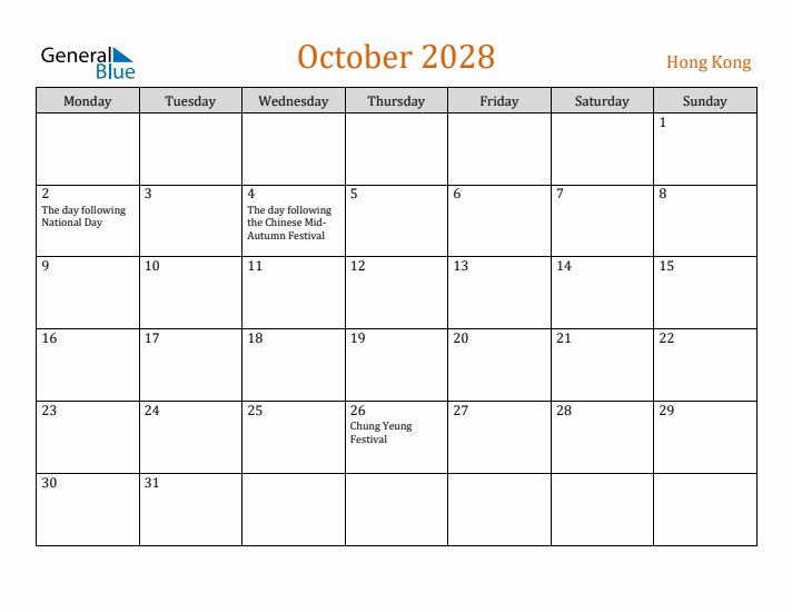 October 2028 Holiday Calendar with Monday Start