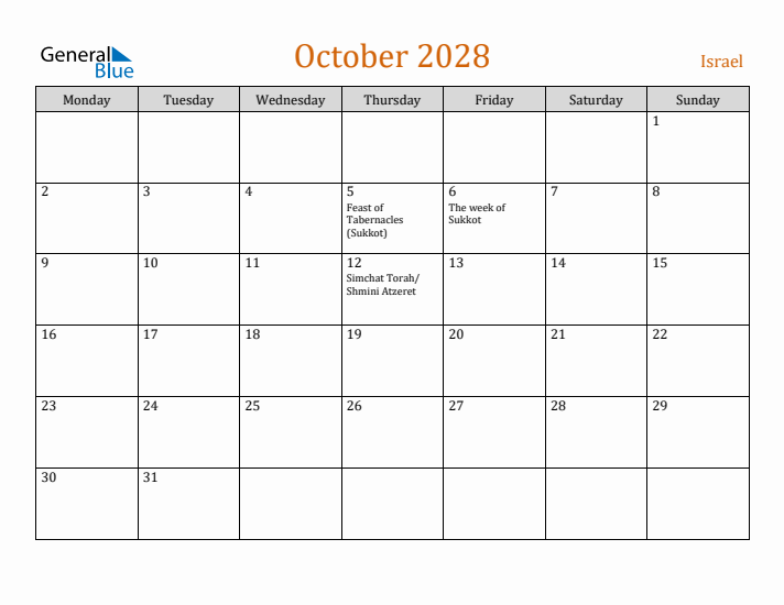 October 2028 Holiday Calendar with Monday Start