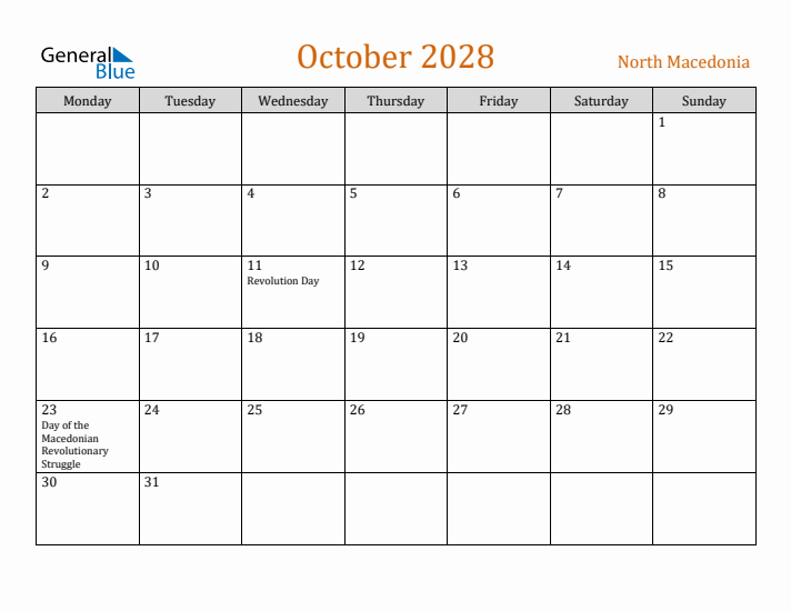 October 2028 Holiday Calendar with Monday Start