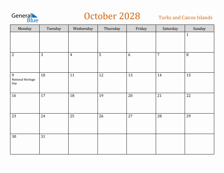October 2028 Holiday Calendar with Monday Start