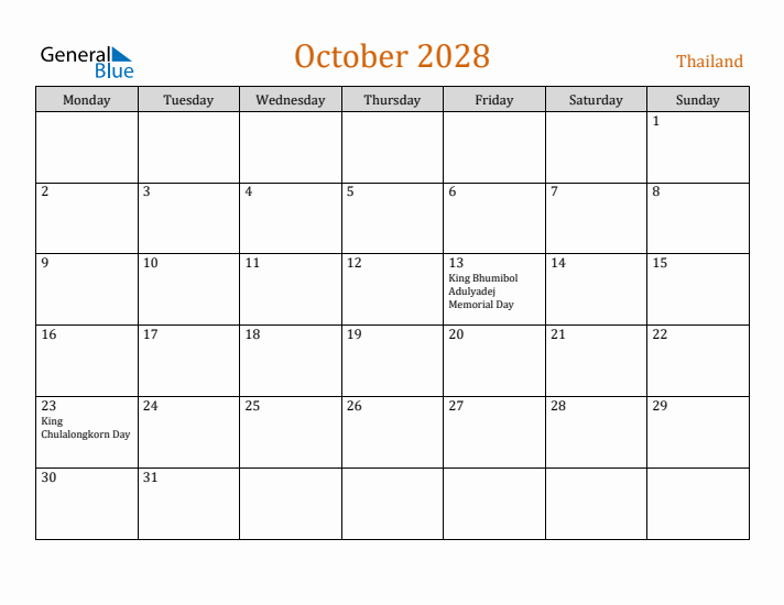 October 2028 Holiday Calendar with Monday Start