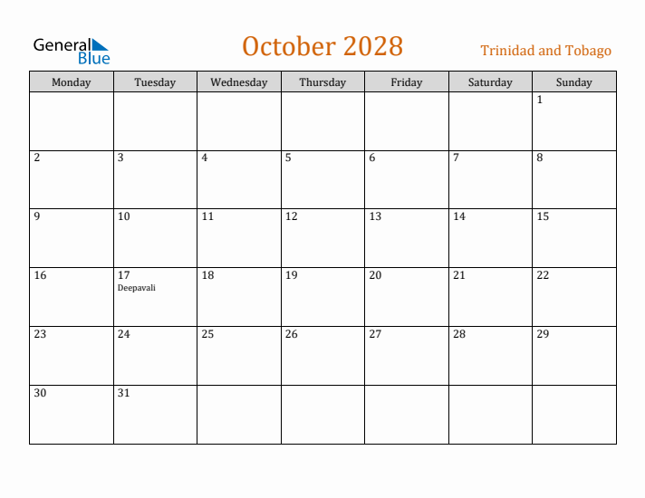 October 2028 Holiday Calendar with Monday Start