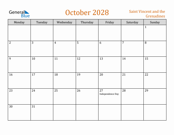 October 2028 Holiday Calendar with Monday Start