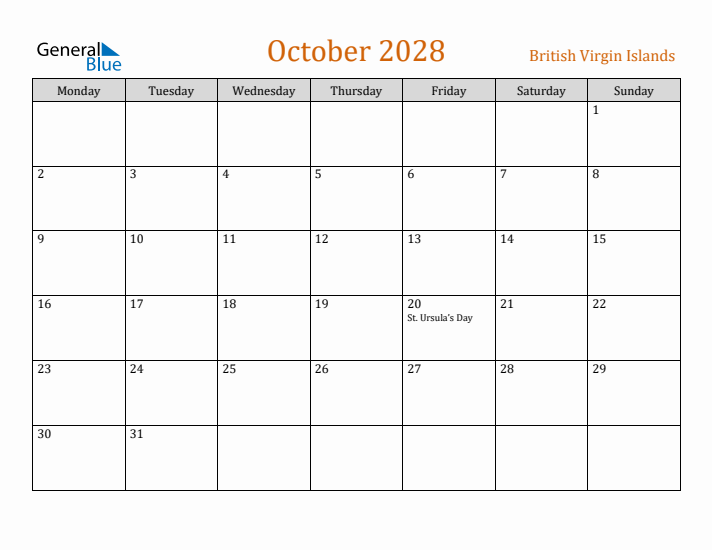 October 2028 Holiday Calendar with Monday Start