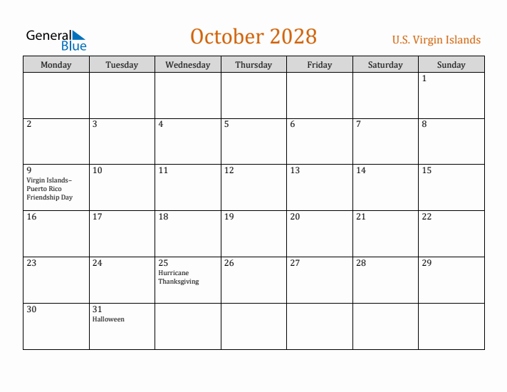 October 2028 Holiday Calendar with Monday Start