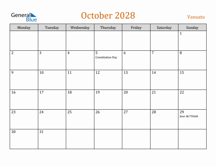 October 2028 Holiday Calendar with Monday Start