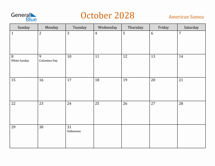 October 2028 Holiday Calendar with Sunday Start