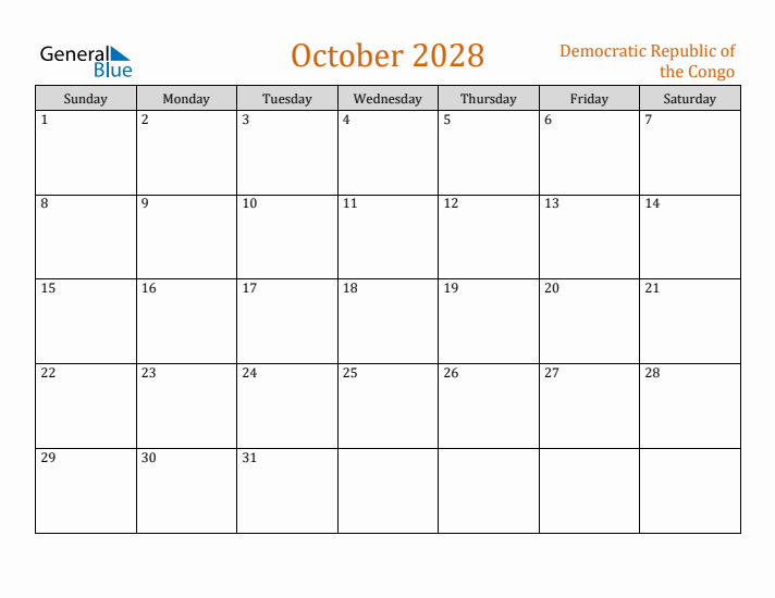 October 2028 Holiday Calendar with Sunday Start
